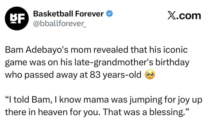 阿德巴约83分献给祖母 83岁祖母离世引热议